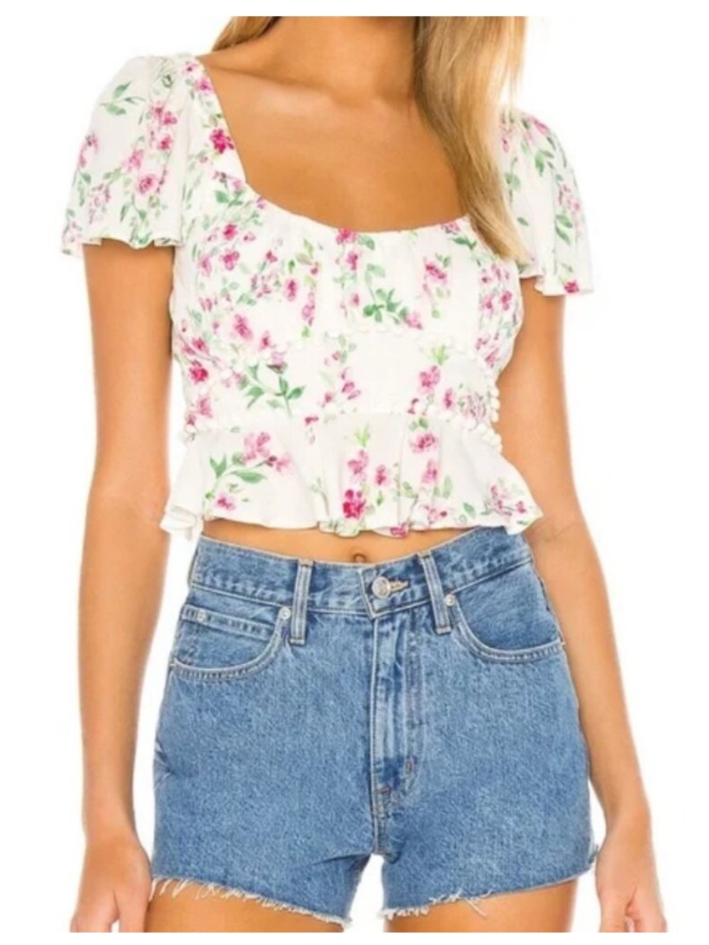 MAJORELLE White Crop Top with Pink Floral Print